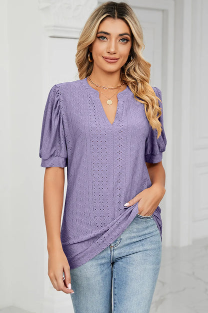 Casual V-neck solid color hollow bubble sleeve loose T-shirt top for women