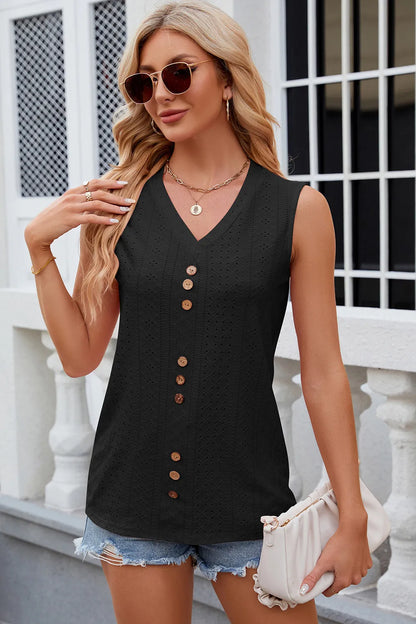 Solid color V-neck button loose vest sleeveless top for women