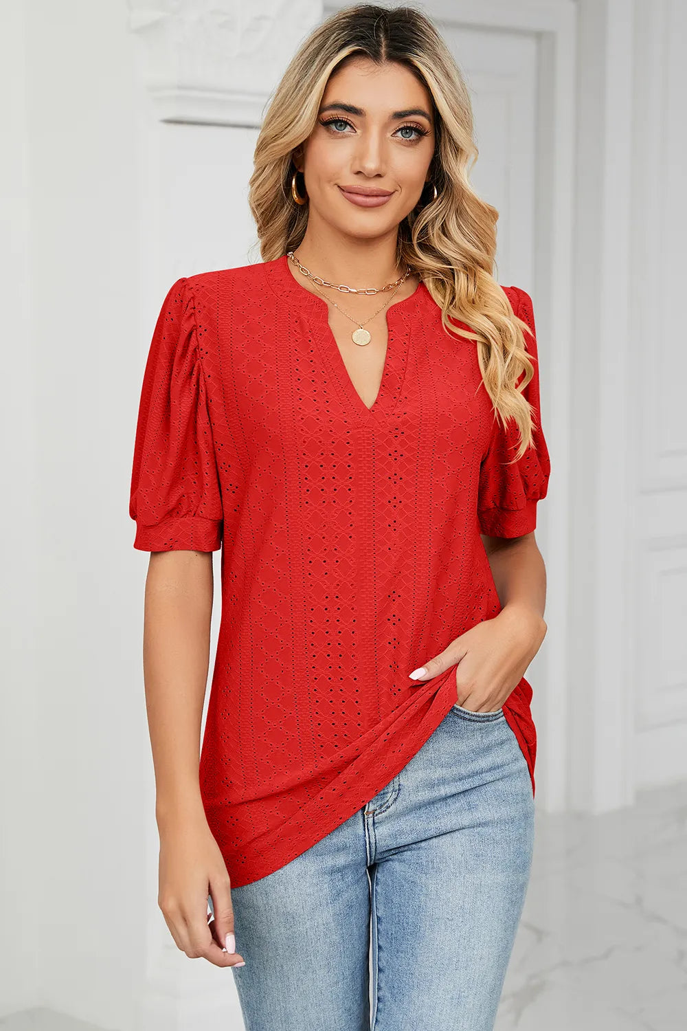 Casual V-neck solid color hollow bubble sleeve loose T-shirt top for women