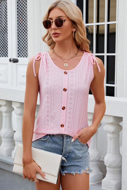 Solid color round neck button drawstring loose vest