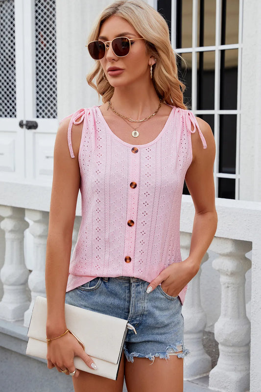 Solid color round neck button drawstring loose vest