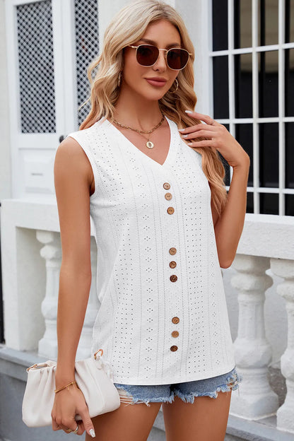Solid color V-neck button loose vest sleeveless top for women