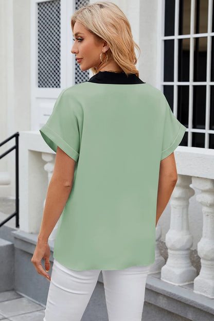 Flip collar chiffon shirt loose short sleeved top for women