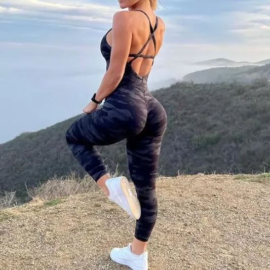 Seamless Yoga Jumpsuits Sports Fitness Backless Hip-Lifting Running Jumpsuits Training Dance Dress Gym Workout Clothes for Women