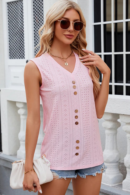 Solid color V-neck button loose vest sleeveless top for women