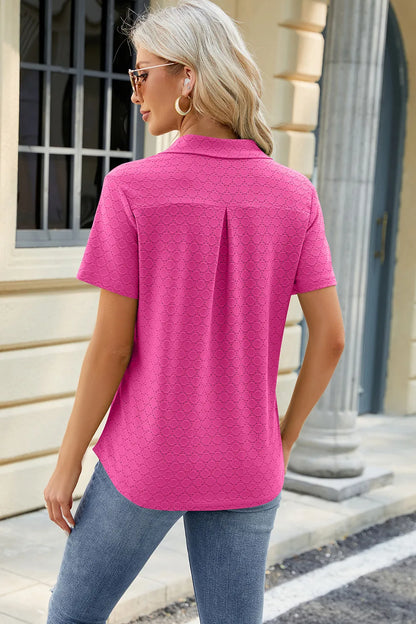 Solid color lapel pocket short sleeved T-shirt loose top for women