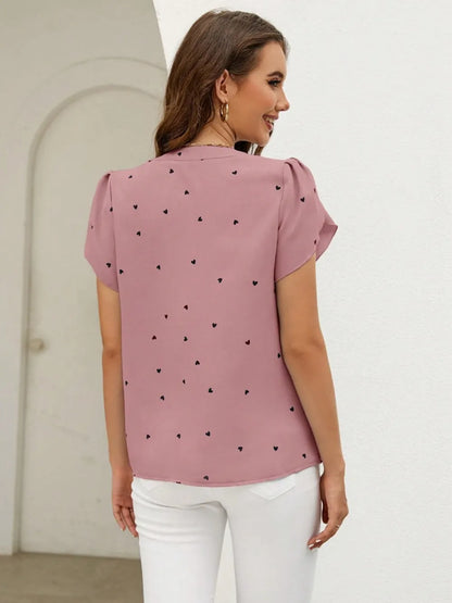 V-neck heart-shaped petal sleeve shirt with elegant women's top