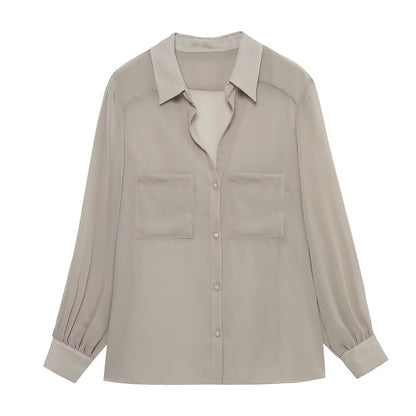 Women Solid Blouses Casual Long Sleeved Thin Tops Pockets Single Breasted T-Shirts Turn Down Collar Translucent Tops