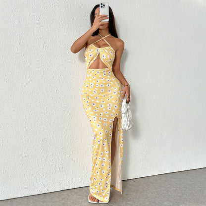 European and American women's suspender high slit daisy print slim and gentle dress