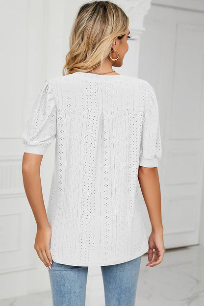 Casual V-neck solid color hollow bubble sleeve loose T-shirt top for women