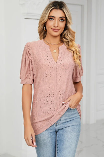 Casual V-neck solid color hollow bubble sleeve loose T-shirt top for women