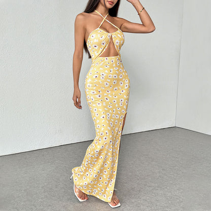 European and American women's suspender high slit daisy print slim and gentle dress