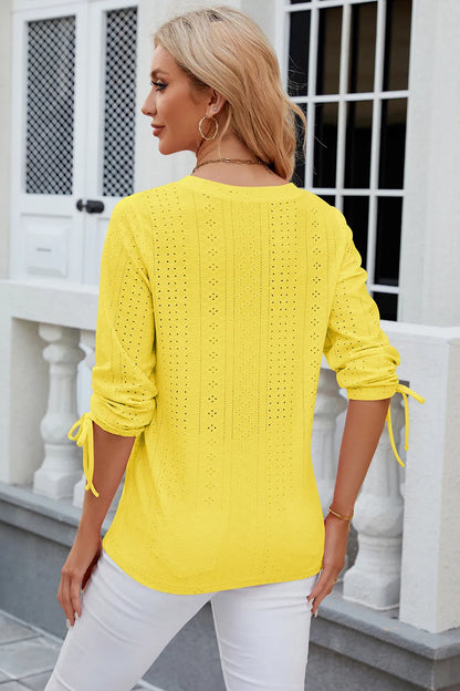 Button V-neck solid color mid sleeve loose T-shirt top for women's wear