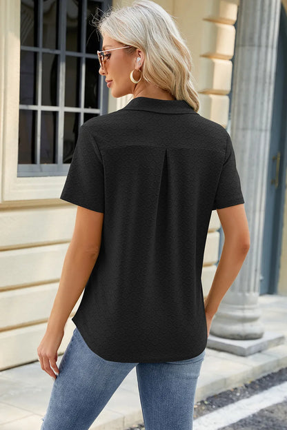 Solid color lapel pocket short sleeved T-shirt loose top for women