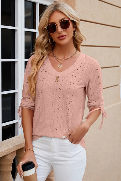 Button V-neck solid color mid sleeve loose T-shirt top for women's wear