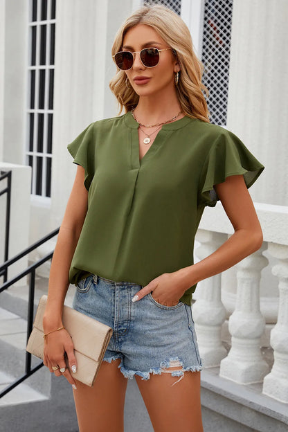Solid color V-neck loose short sleeved chiffon top for women
