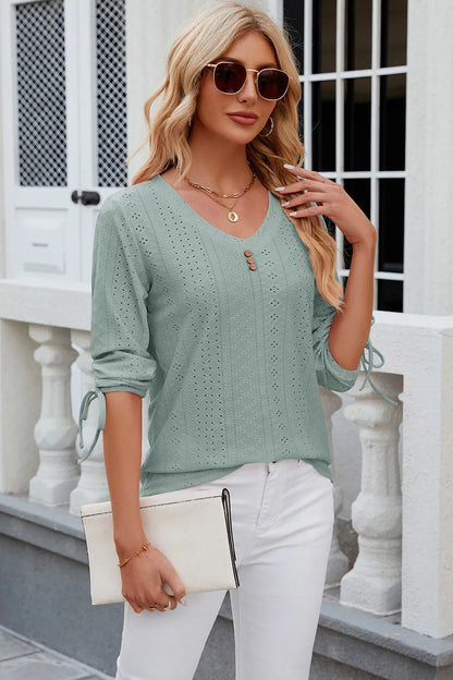 Button V-neck solid color mid sleeve loose T-shirt top for women's wear