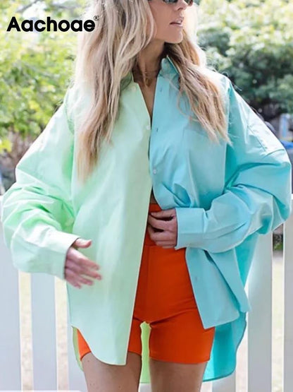 Aachoae Women Casual Patchwork Blouses Shirts Fashion Turn Down Collar Long Sleeve Shirts Tops Ladies Button Up Loose Shirts