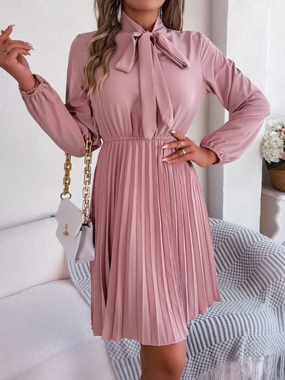 Spring and summer temperament tied waist long sleeved pleated skirt