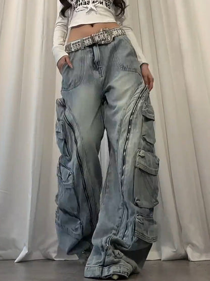 Washed multi pocket workwear jeans women's street straight leg loose wide leg pants