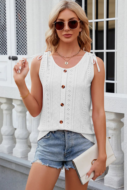 Solid color round neck button drawstring loose vest