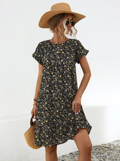 Round neck lotus leaf sleeve printed dress