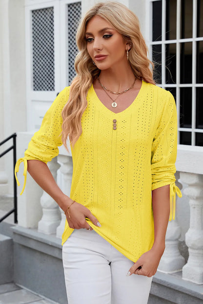Button V-neck solid color mid sleeve loose T-shirt top for women's wear