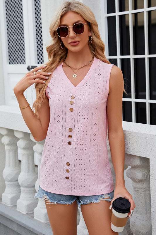 Solid color V-neck button loose vest sleeveless top for women