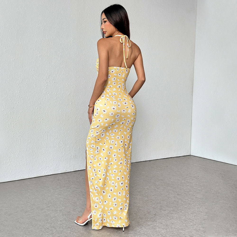 European and American women's suspender high slit daisy print slim and gentle dress
