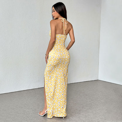 European and American women's suspender high slit daisy print slim and gentle dress