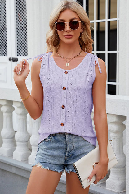 Solid color round neck button drawstring loose vest