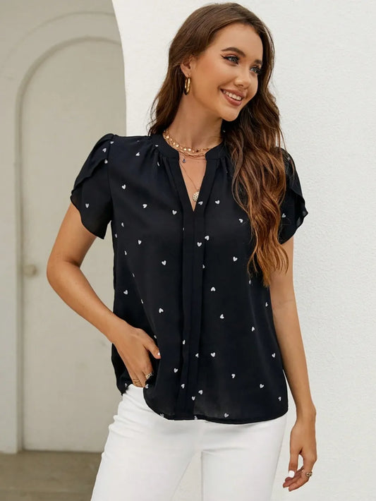 V-neck heart-shaped petal sleeve shirt with elegant women's top