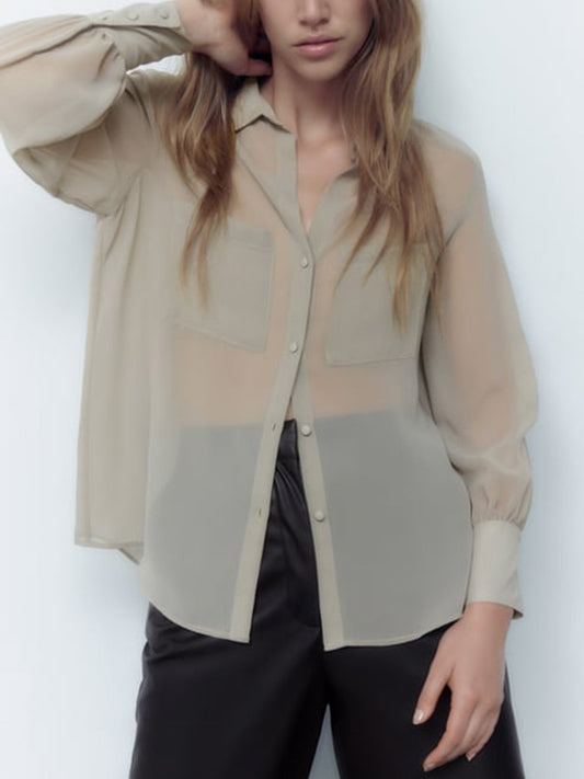 Women Solid Blouses Casual Long Sleeved Thin Tops Pockets Single Breasted T-Shirts Turn Down Collar Translucent Tops