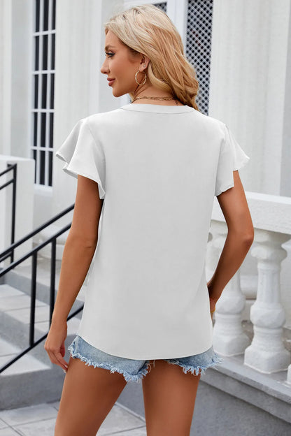 Solid color V-neck loose short sleeved chiffon top for women