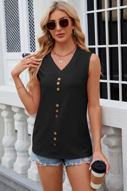 Solid color V-neck button loose vest sleeveless top for women