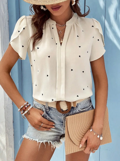 V-neck heart-shaped petal sleeve shirt with elegant women's top