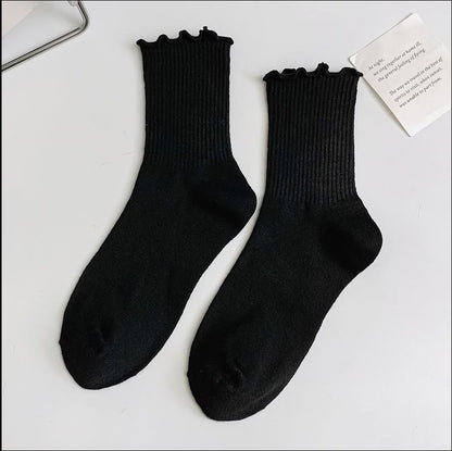 1 pair of ruffled JK socks for women mid-tube spring, autumn and summer solid color Japanese lace pile socks