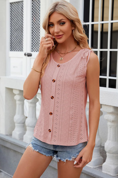 Solid color round neck button drawstring loose vest