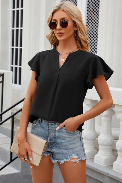 Solid color V-neck loose short sleeved chiffon top for women