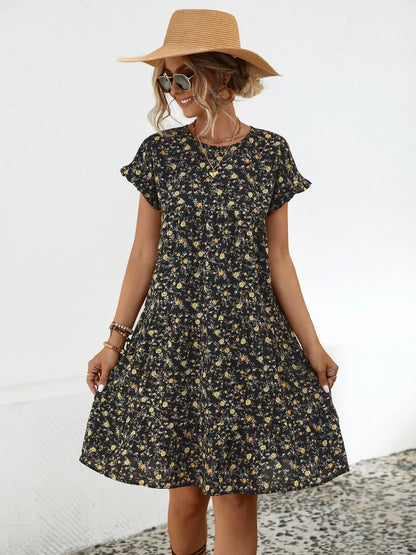 Round neck lotus leaf sleeve printed dress