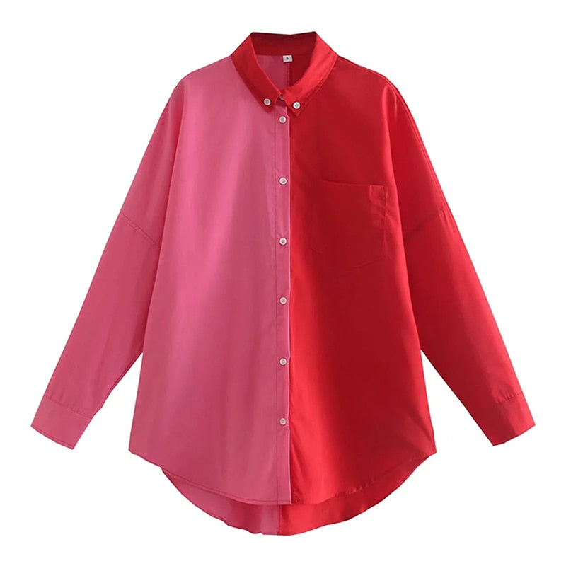 Aachoae Women Casual Patchwork Blouses Shirts Fashion Turn Down Collar Long Sleeve Shirts Tops Ladies Button Up Loose Shirts