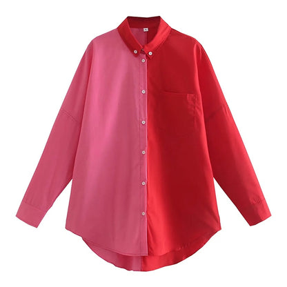 Aachoae Women Casual Patchwork Blouses Shirts Fashion Turn Down Collar Long Sleeve Shirts Tops Ladies Button Up Loose Shirts