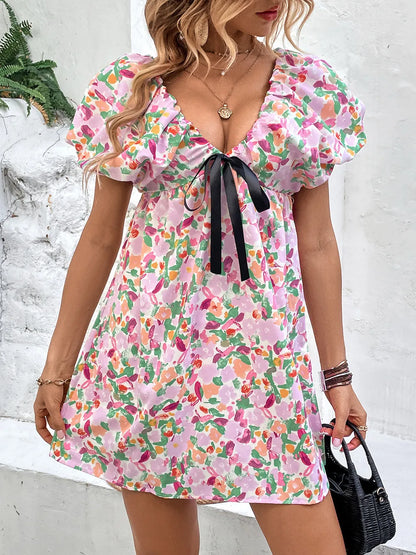 Perfee Printed V-Neck Puff Sleeve Mini Dress