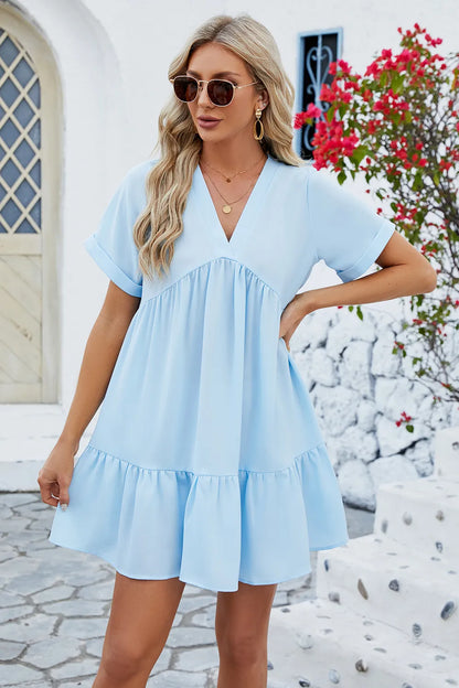 Spring and summer new solid color V-neck loose pleated dress for women