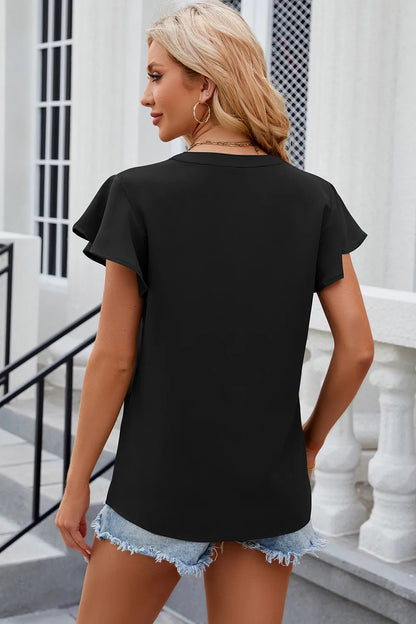Solid color V-neck loose short sleeved chiffon top for women