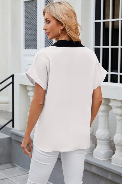 Flip collar chiffon shirt loose short sleeved top for women