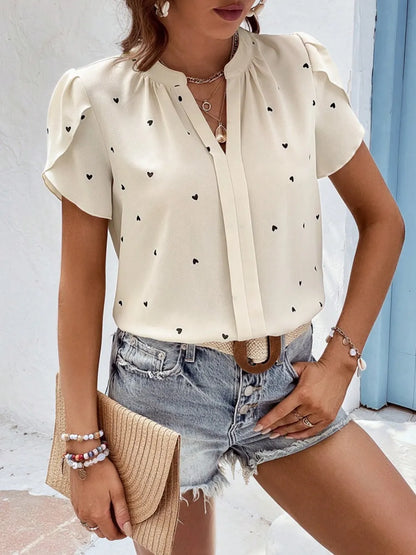 V-neck heart-shaped petal sleeve shirt with elegant women's top
