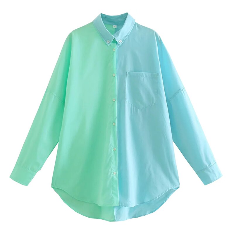 Aachoae Women Casual Patchwork Blouses Shirts Fashion Turn Down Collar Long Sleeve Shirts Tops Ladies Button Up Loose Shirts