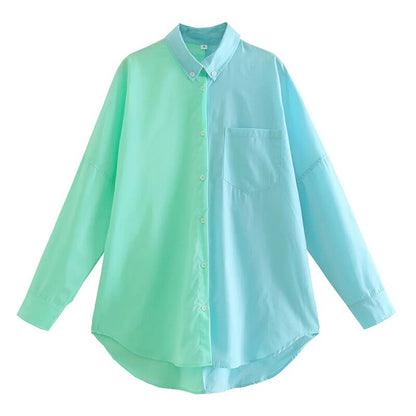 Aachoae Women Casual Patchwork Blouses Shirts Fashion Turn Down Collar Long Sleeve Shirts Tops Ladies Button Up Loose Shirts