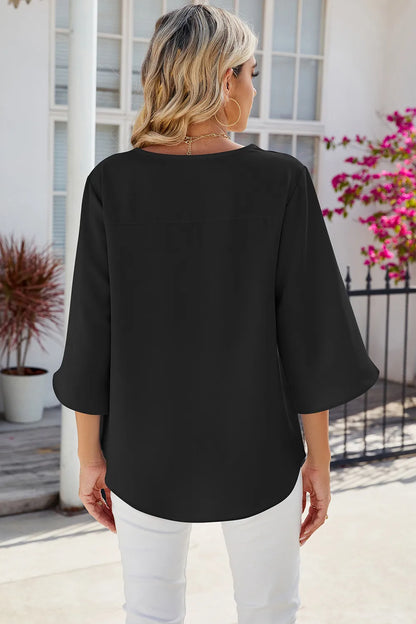 Solid color V-neck mid sleeved loose chiffon women's top